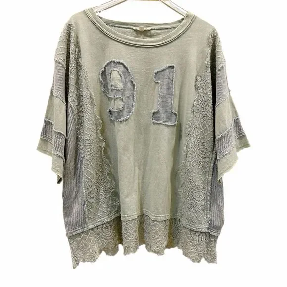 Oli & Hali Washed Number Patchwork Mixed Media Lace Tee Sz L Green/Blue - Picture 2 of 8